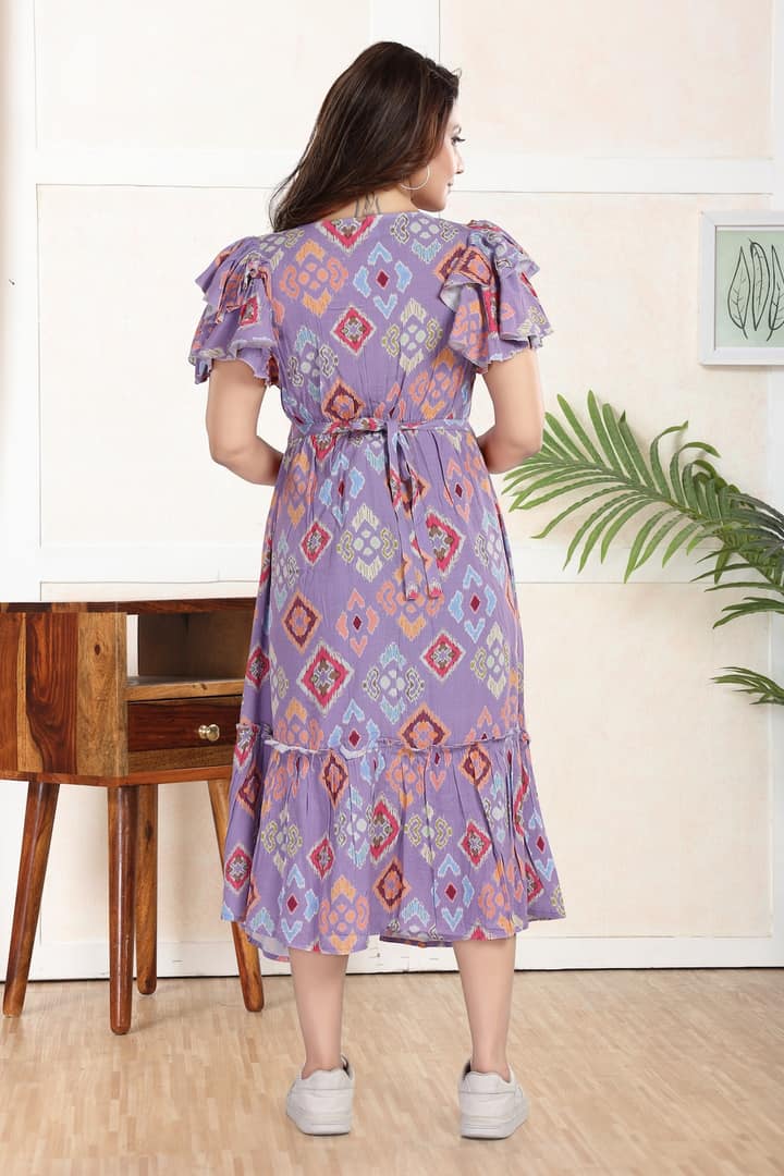 MomsBae Lavender Abstract Linen Ruffle Feeding Dress, back view