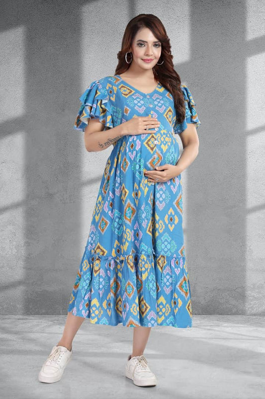 MomsBae Ocean Blue Abstract Linen Feeding Dress, front view