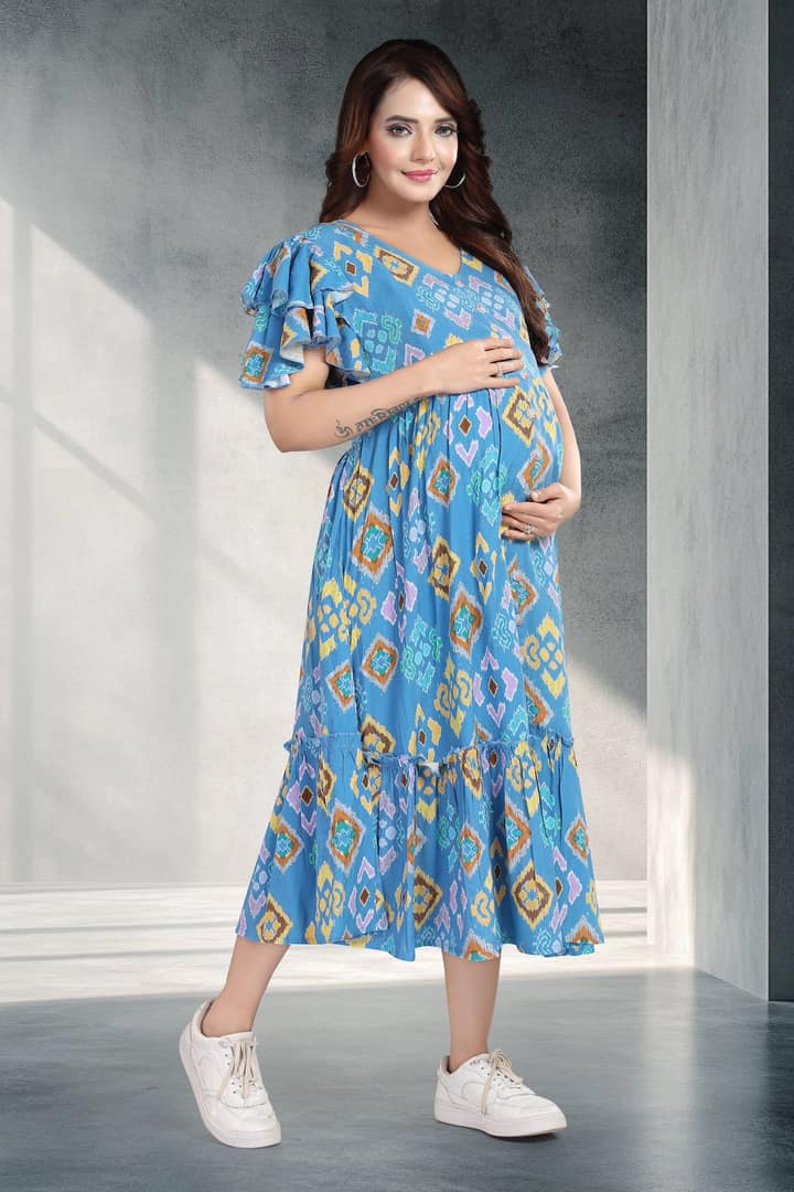 MomsBae Ocean Blue Abstract Linen Feeding Dress, alternate front view
