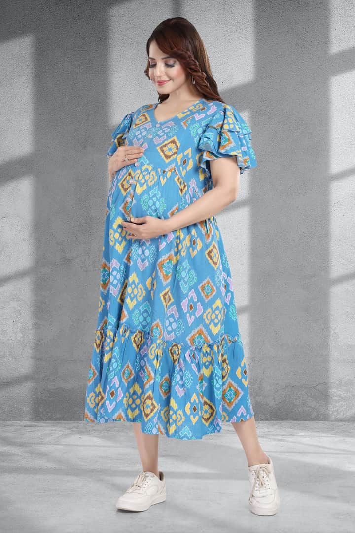 MomsBae Ocean Blue Abstract Linen Feeding Dress, alternate front view