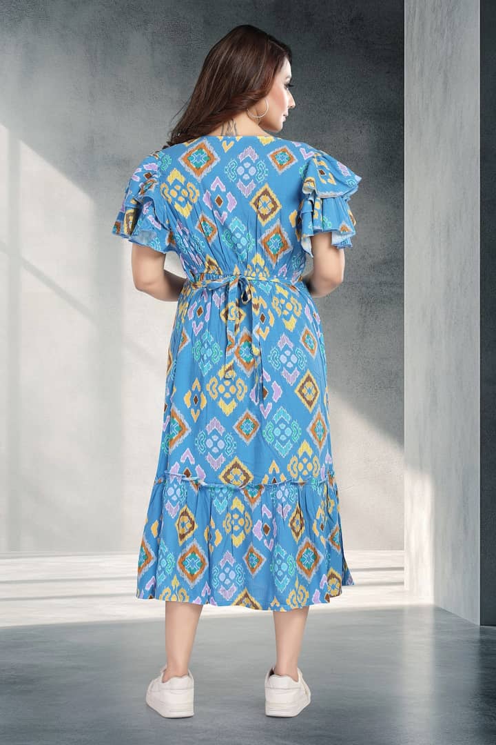 MomsBae Ocean Blue Abstract Linen Feeding Dress, back view