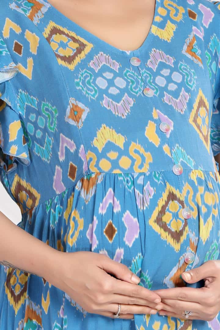 MomsBae Ocean Blue Abstract Linen Feeding Dress, neckline and print detail