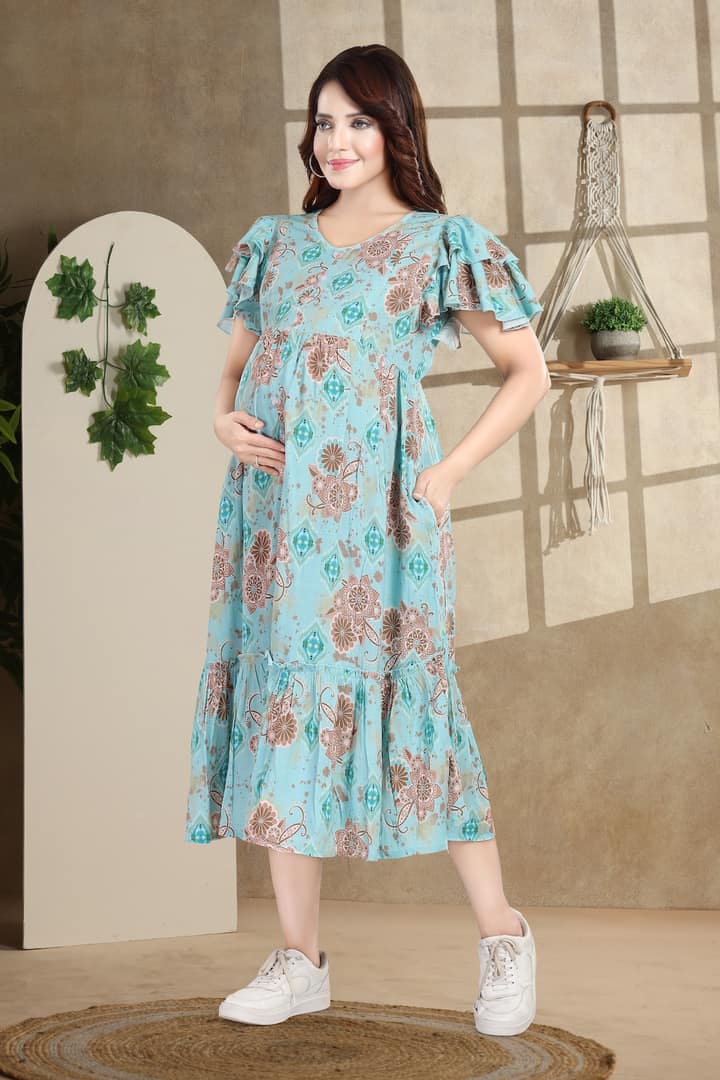 MomsBae Mint Floral Linen Ruffle Feeding Dress, alternate front view