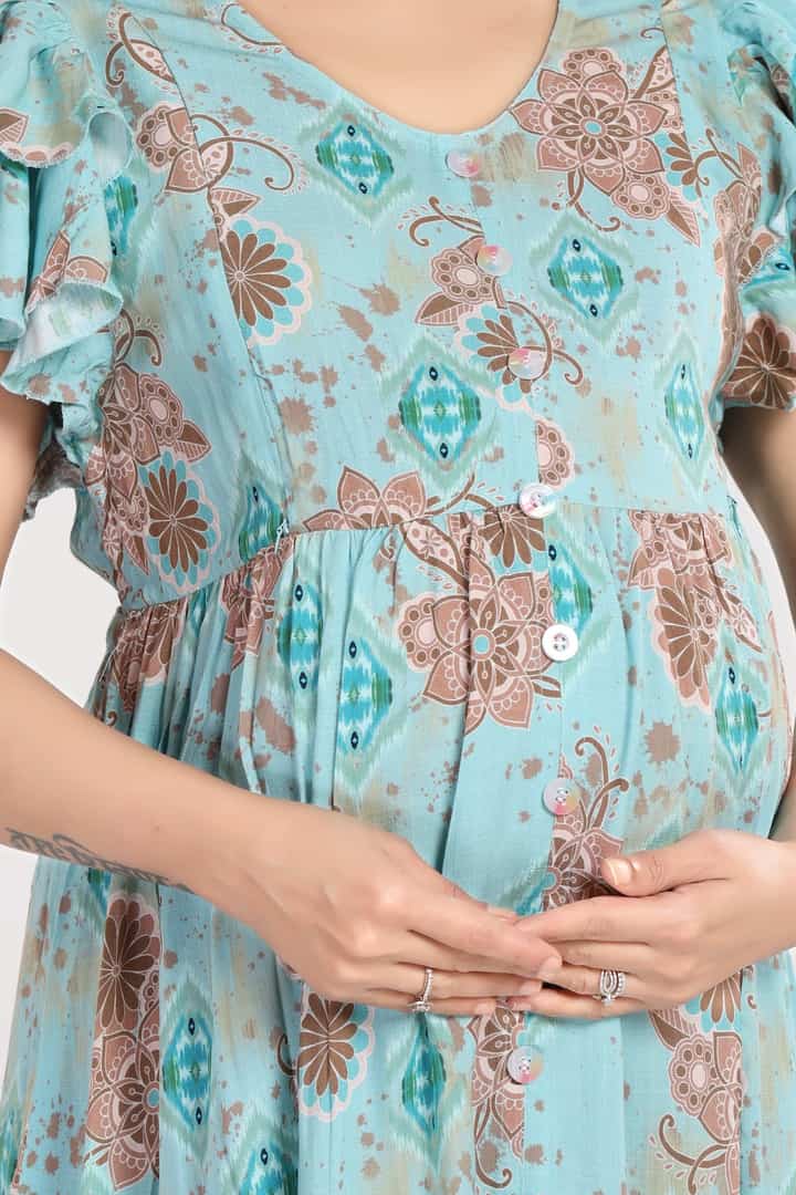 MomsBae Mint Floral Linen Ruffle Feeding Dress, neckline and print detail