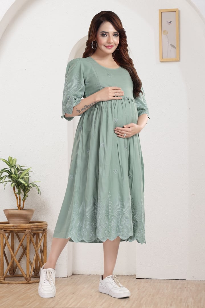 MomsBae Sage Embroidered Maternity Feeding Dress, front view
