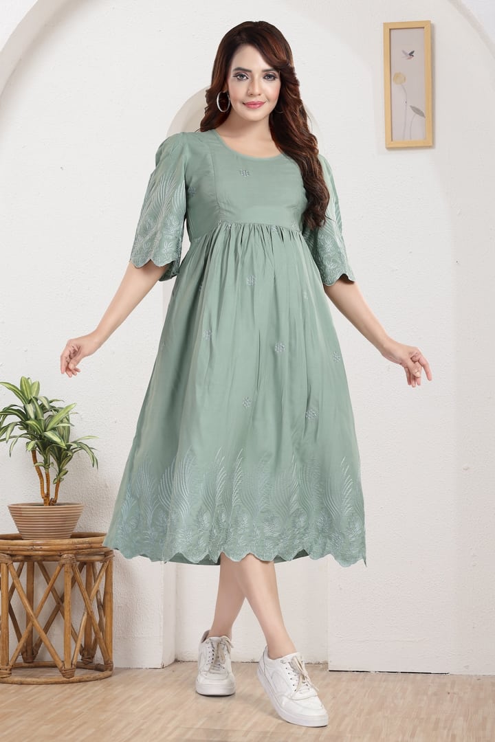 MomsBae Sage Embroidered Maternity Feeding Dress, alternate front view