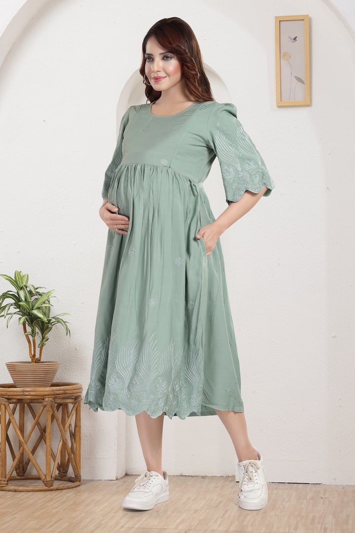 MomsBae Sage Embroidered Maternity Feeding Dress, alternate front view