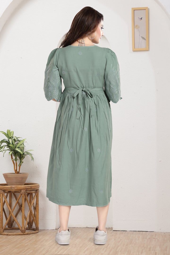 MomsBae Sage Embroidered Maternity Feeding Dress, back view