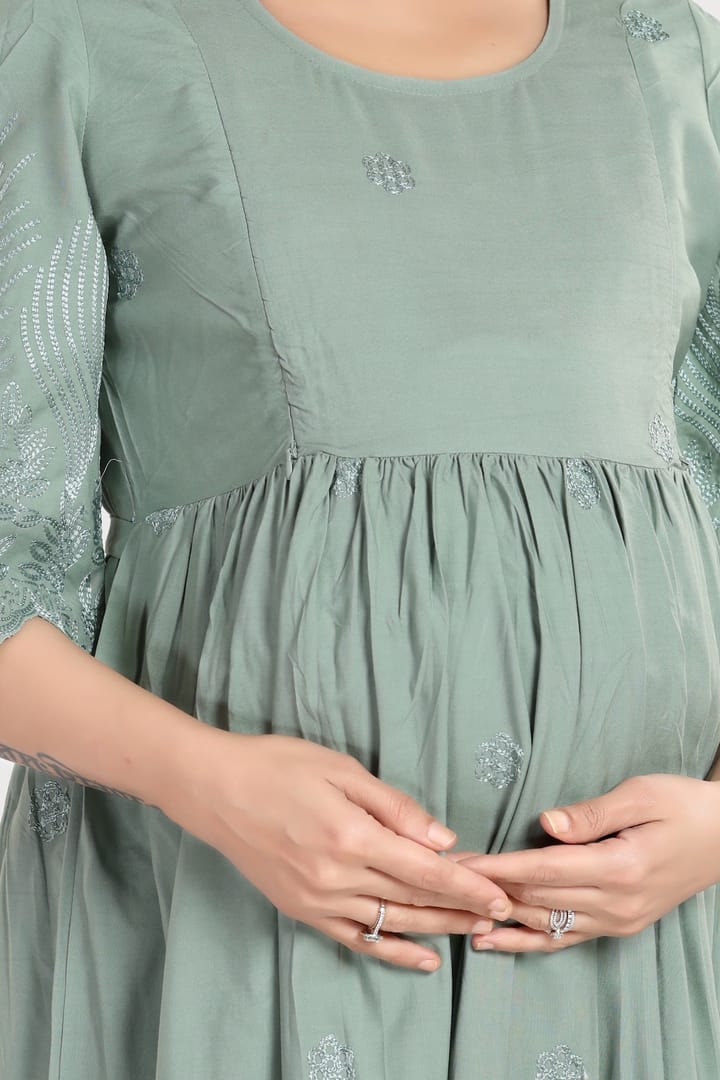 MomsBae Sage Embroidered Maternity Feeding Dress, neckline and print detail
