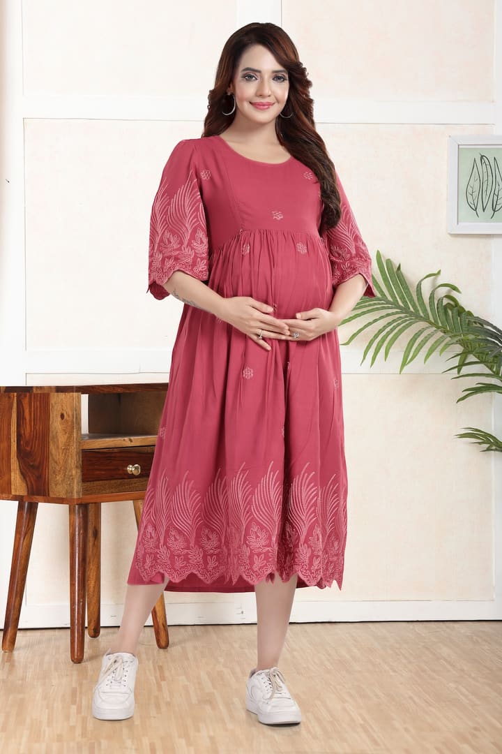 MomsBae Rose Embroidered Maternity Feeding Dress, front view