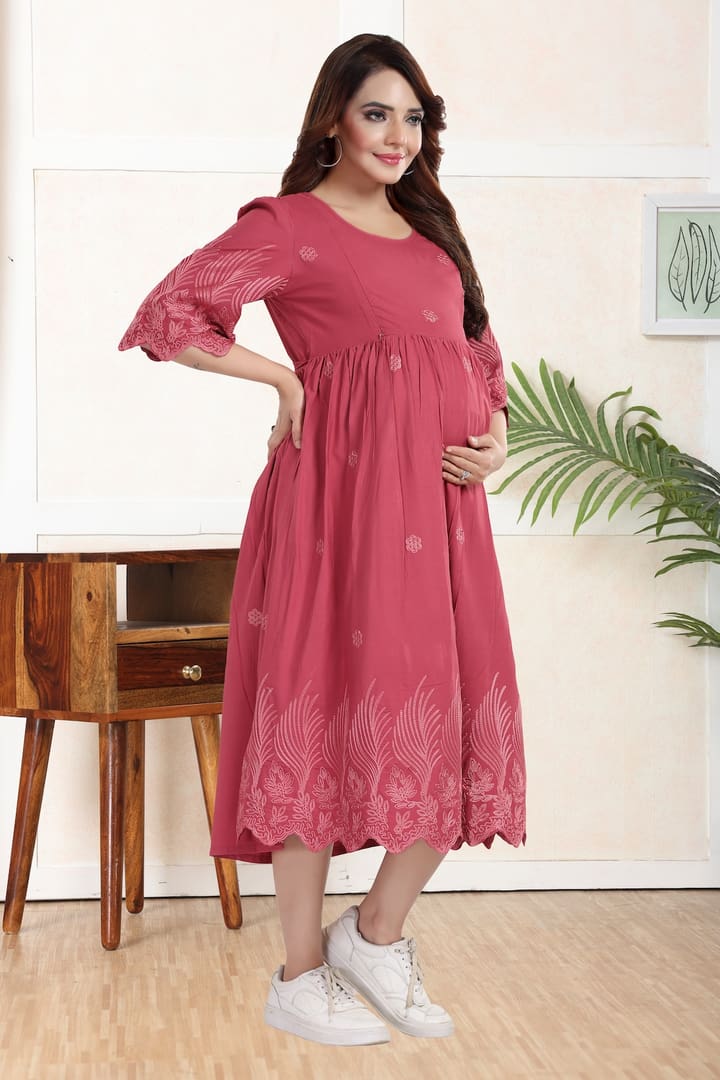 MomsBae Rose Embroidered Maternity Feeding Dress, alternate front view