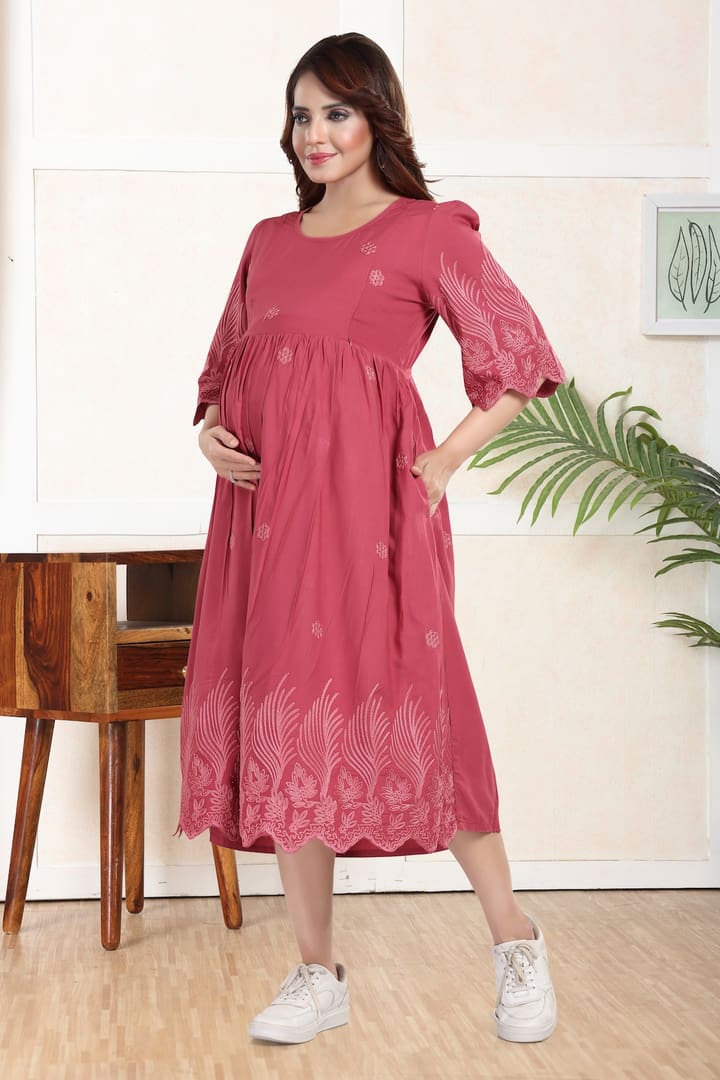 MomsBae Rose Embroidered Maternity Feeding Dress, alternate front view