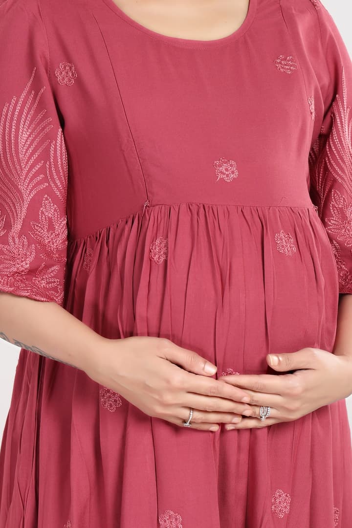 MomsBae Rose Embroidered Maternity Feeding Dress, neckline and print detail