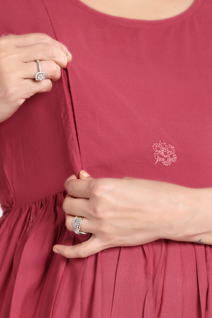 MomsBae Rose Embroidered Maternity Feeding Dress, nursing opening detail