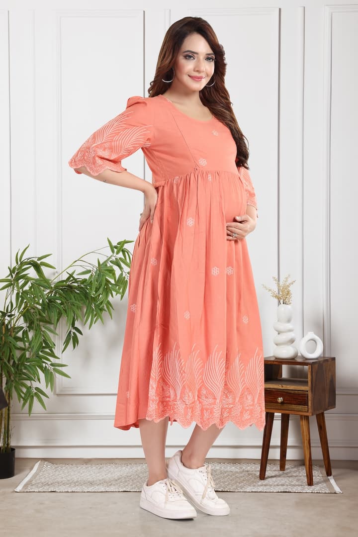 MomsBae Peach Embroidered Maternity Feeding Dress, front view