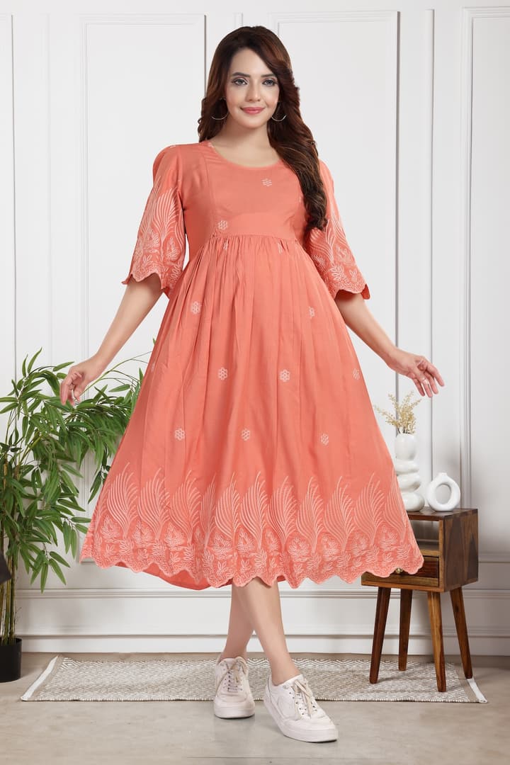MomsBae Peach Embroidered Maternity Feeding Dress, alternate front view