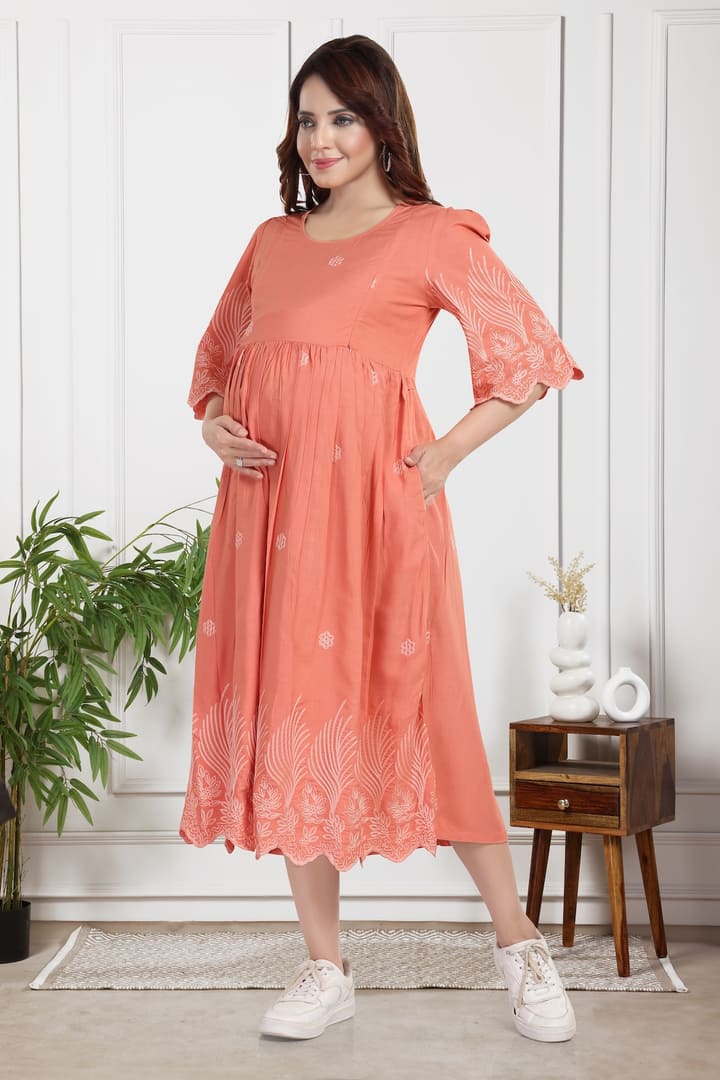 MomsBae Peach Embroidered Maternity Feeding Dress, alternate front view