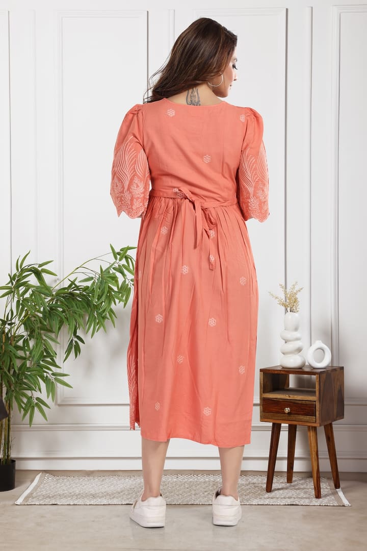 MomsBae Peach Embroidered Maternity Feeding Dress, back view