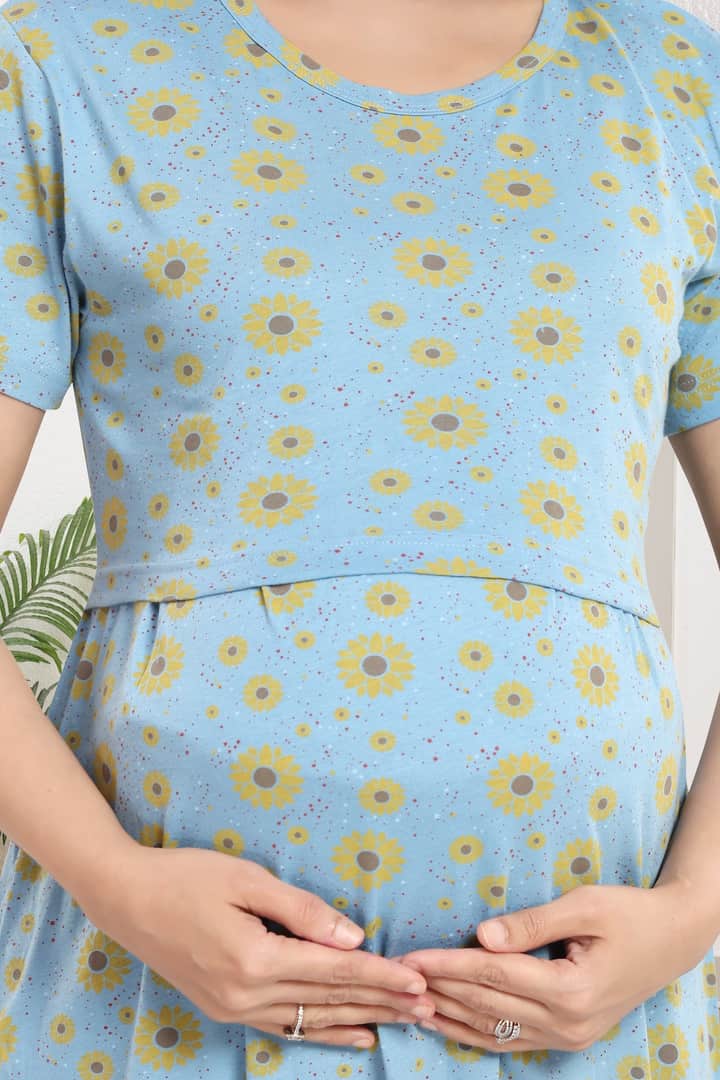 MomsBae Mellow Sunflower Printed Zipless Nightie, print detail