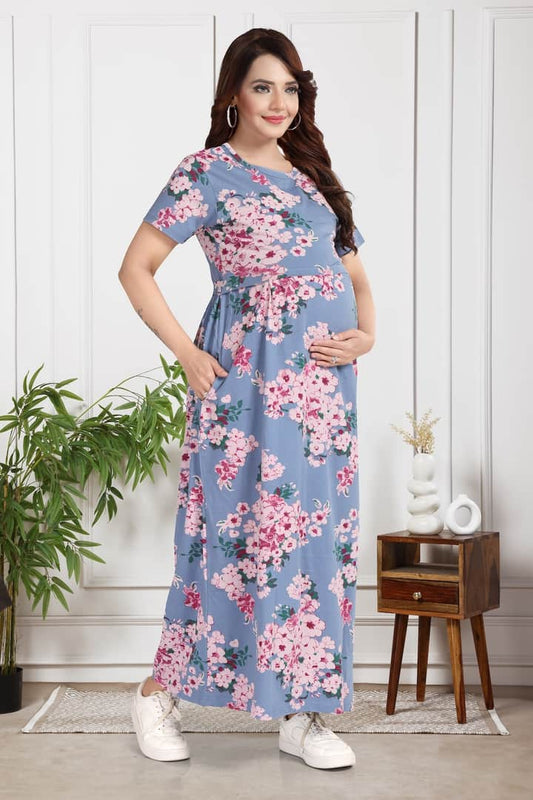MomsBae Surreal Blue Printed Zipless Feeding Nightie, front view