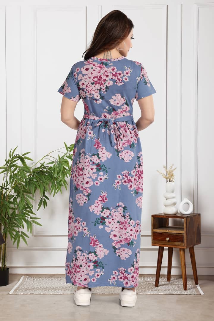 MomsBae Surreal Blue Printed Zipless Feeding Nightie, back view