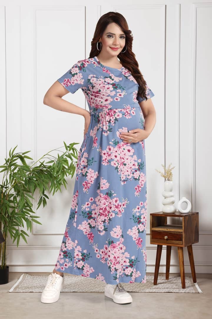 MomsBae Surreal Blue Printed Zipless Feeding Nightie, alternate full-length view