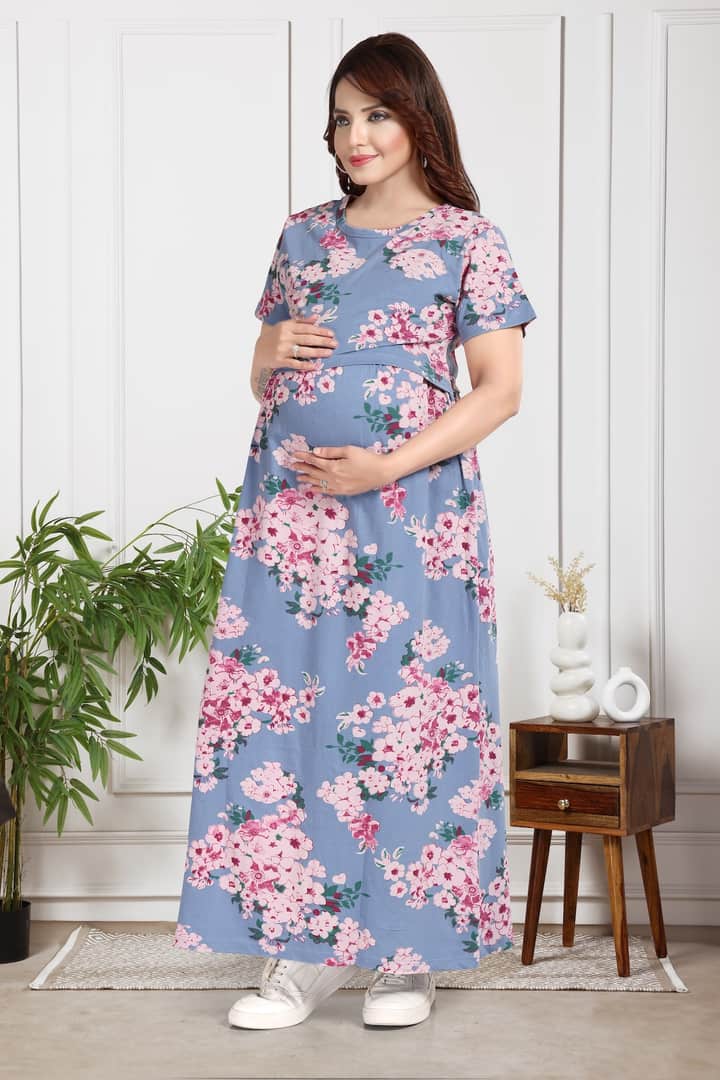 MomsBae Surreal Blue Printed Zipless Feeding Nightie, alternate full-length view