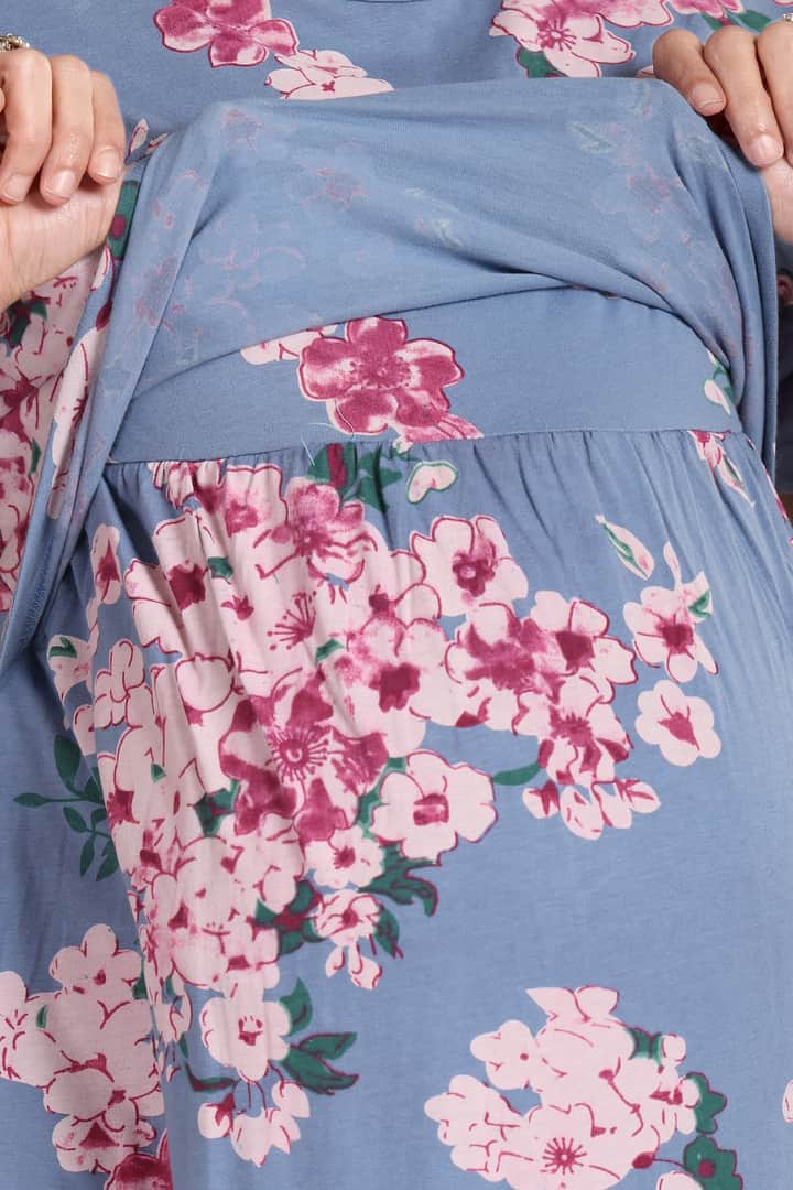 MomsBae Surreal Blue Printed Zipless Feeding Nightie, zipless nursing panel detail