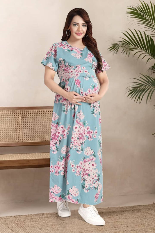 MomsBae Surf Blue Printed Zipless Feeding Nightie, front view