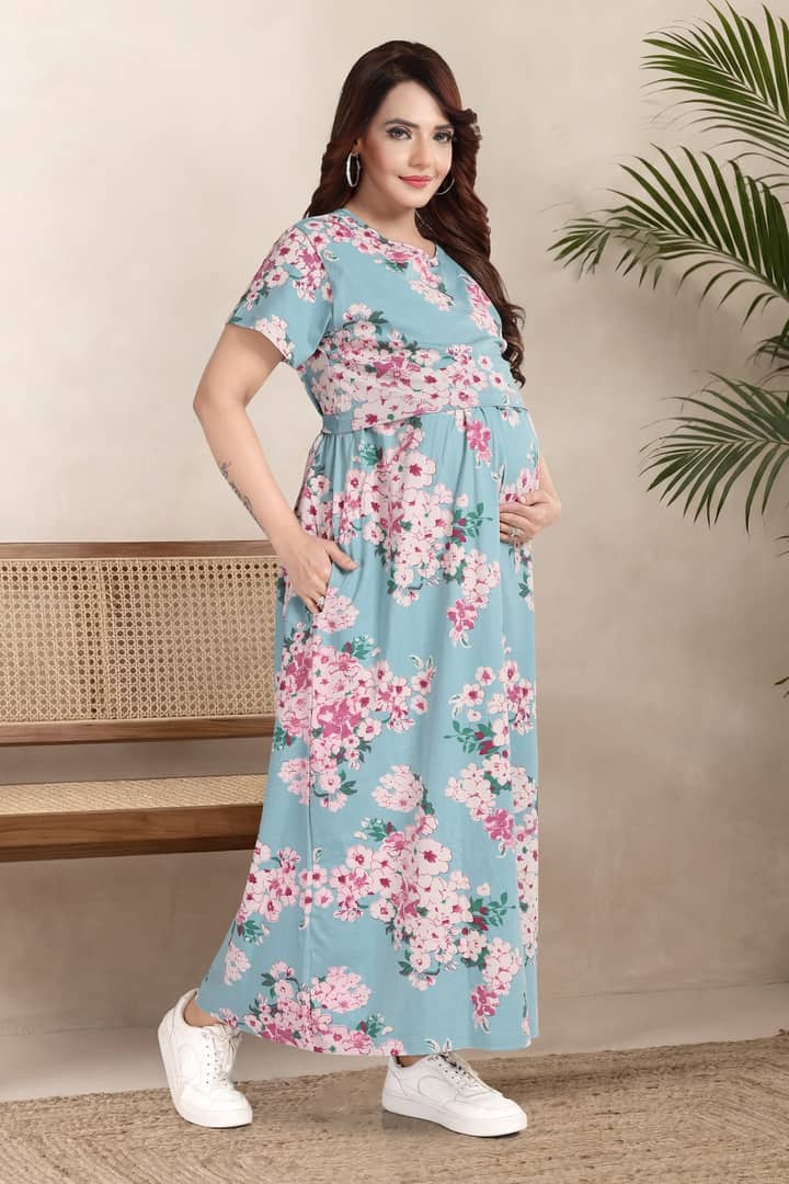 MomsBae Surf Blue Printed Zipless Feeding Nightie, alternate front view