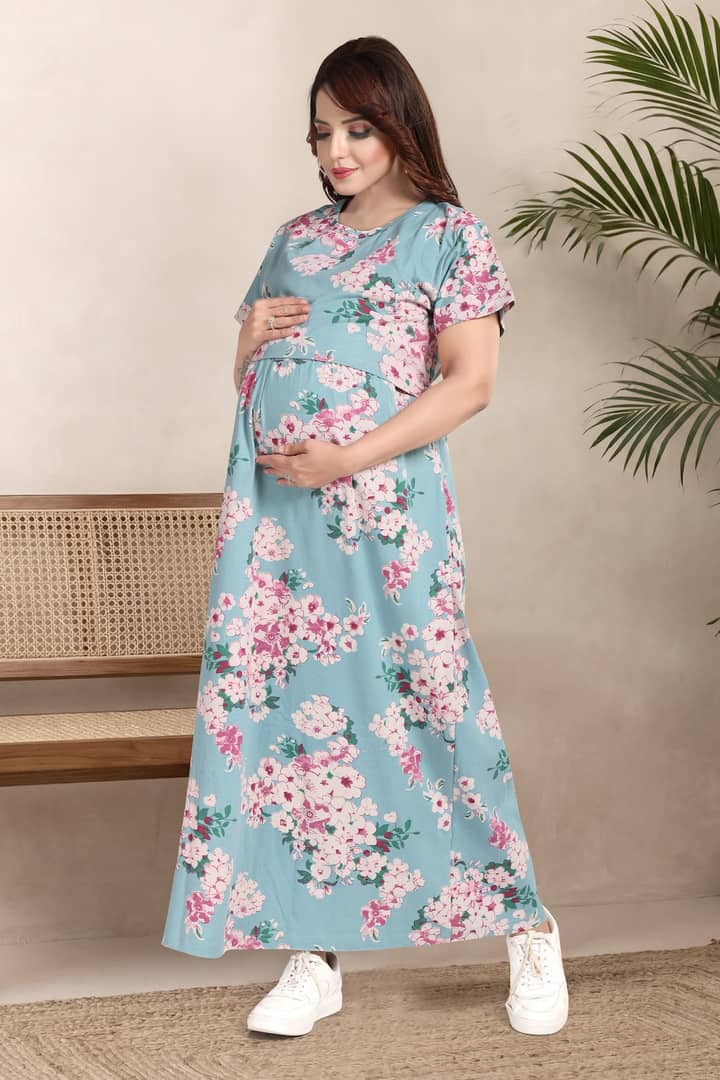 MomsBae Surf Blue Printed Zipless Feeding Nightie, side view