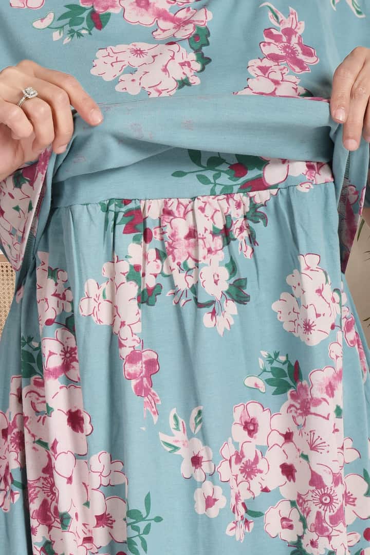 MomsBae Surf Blue Printed Zipless Feeding Nightie, zipless nursing panel detail