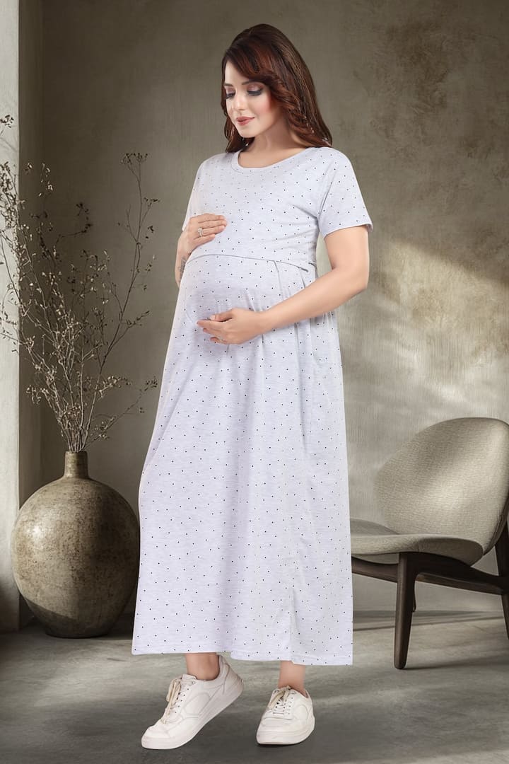 MomsBae Melange Grey Polka Zipless Feeding Nightie, alternate full-length view