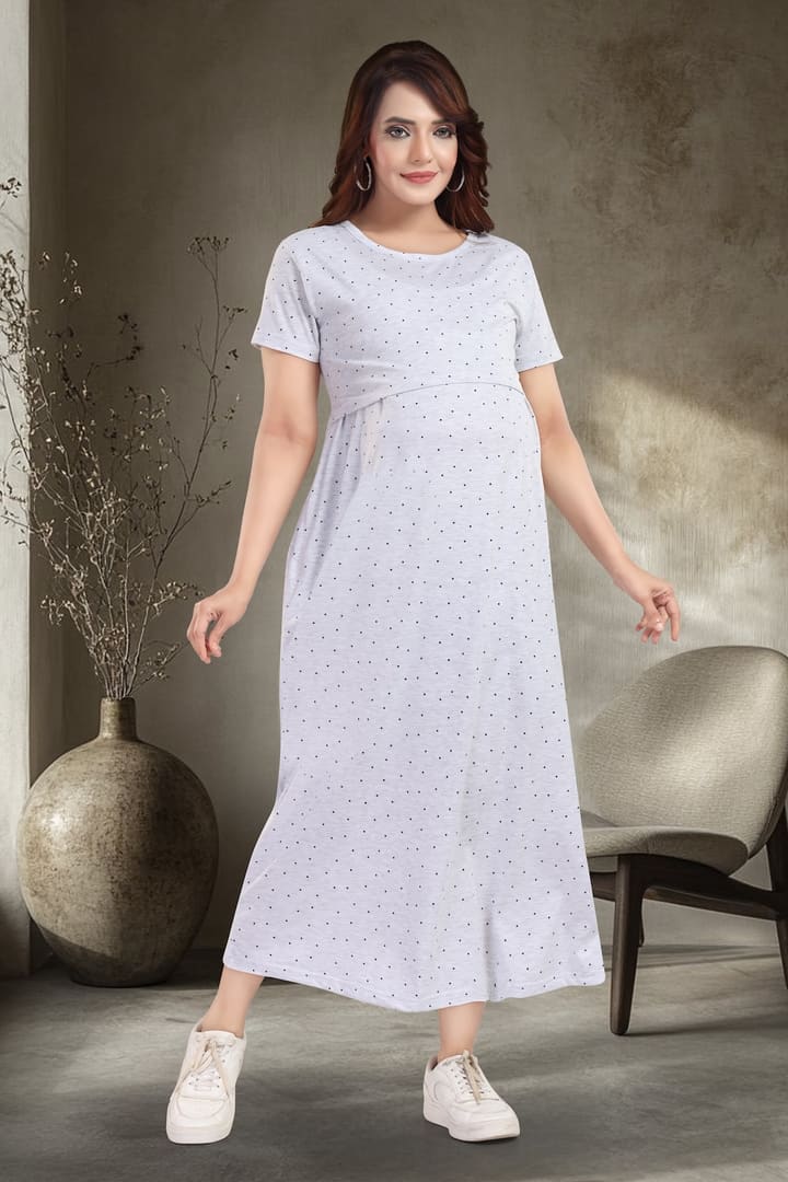 MomsBae Melange Grey Polka Zipless Feeding Nightie, alternate full-length view