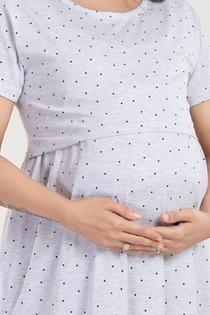 MomsBae Melange Grey Polka Zipless Feeding Nightie, print detail