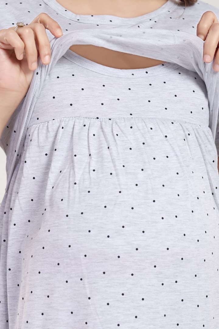 MomsBae Melange Grey Polka Zipless Feeding Nightie, zipless nursing panel detail