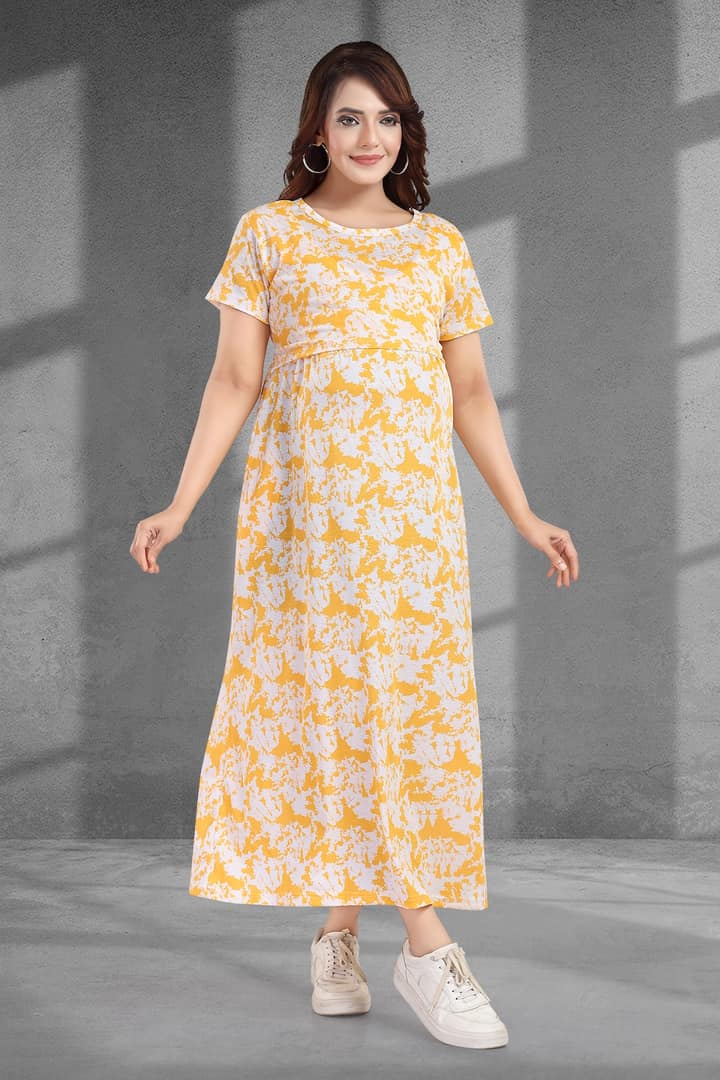 MomsBae Yellow Splatter Zipless Feeding Nightie, front view