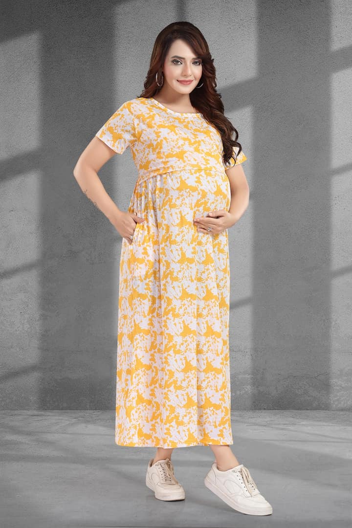 MomsBae Yellow Splatter Zipless Feeding Nightie, alternate full-length view