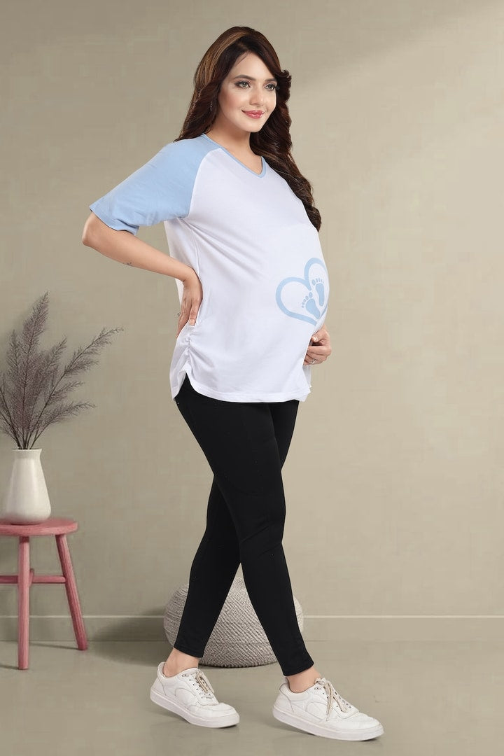 MomsBae Icy Blue Graphic Maternity T Shirt, front view