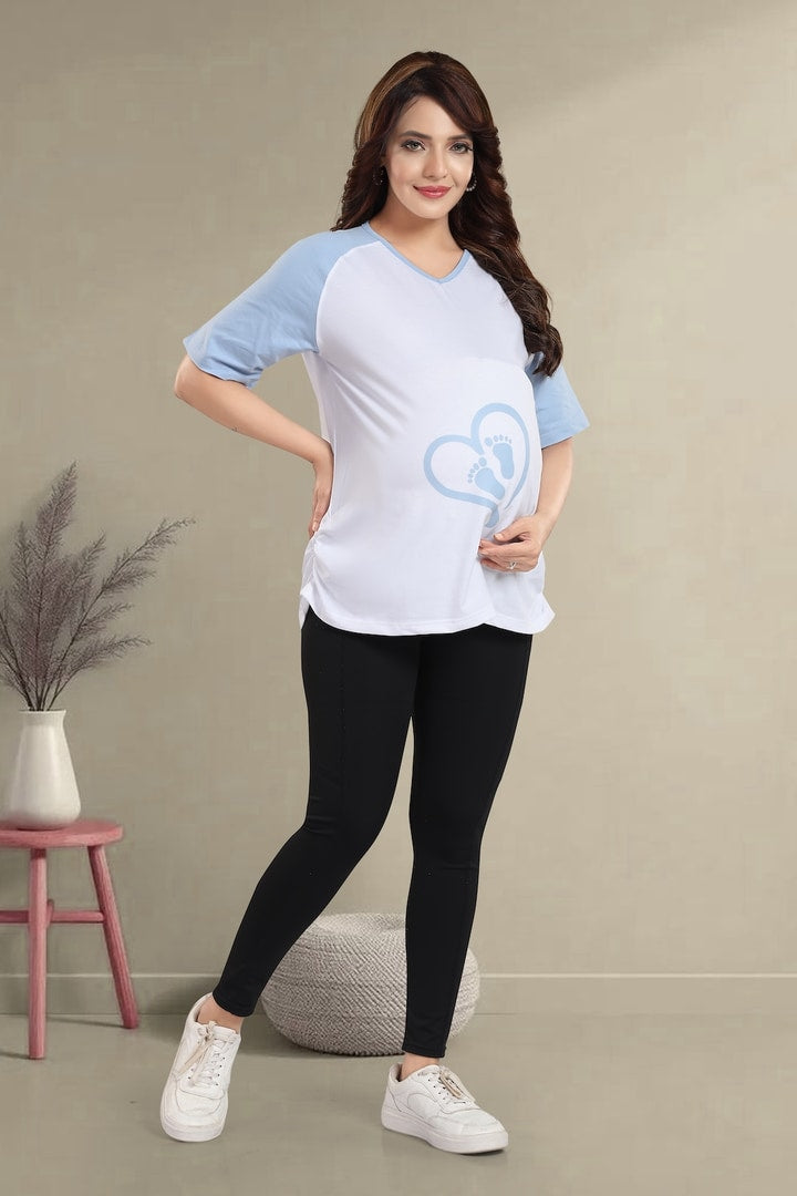 MomsBae Icy Blue Graphic Maternity T Shirt, alternate full-length view