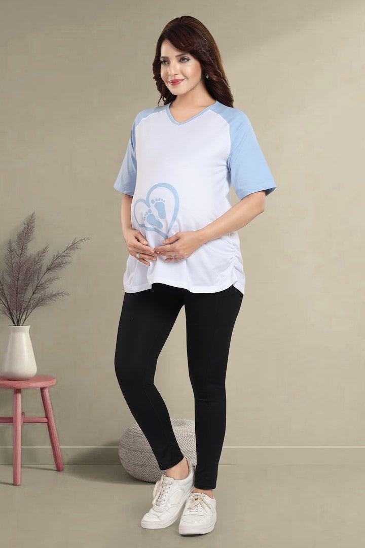 MomsBae Icy Blue Graphic Maternity T Shirt, alternate full-length view