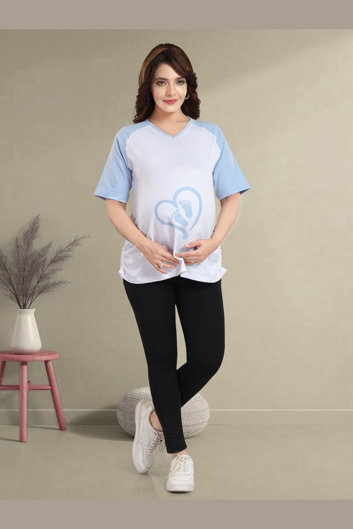 MomsBae Icy Blue Graphic Maternity T Shirt, alternate full-length view