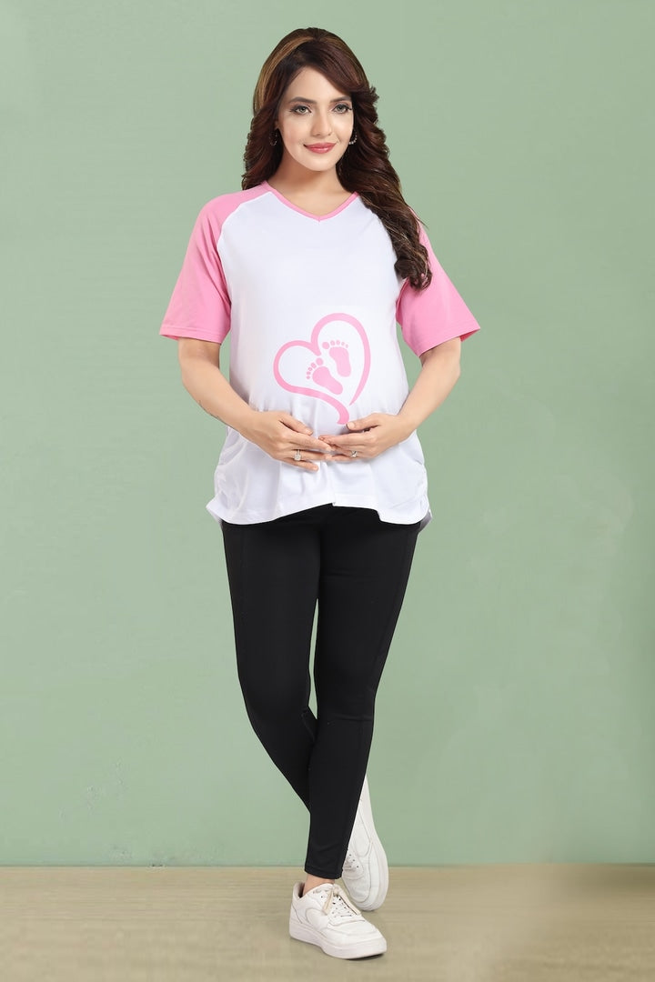 MomsBae Girly Pink Graphic Maternity T Shirt, alternate full-length view