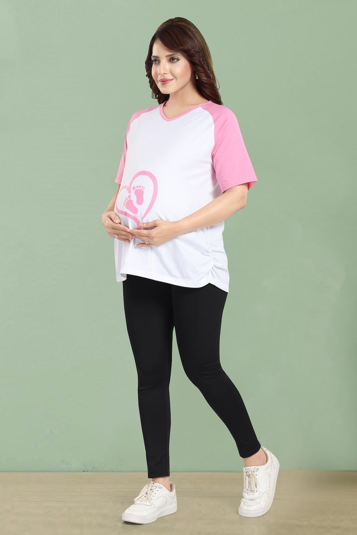 MomsBae Girly Pink Graphic Maternity T Shirt, alternate full-length view