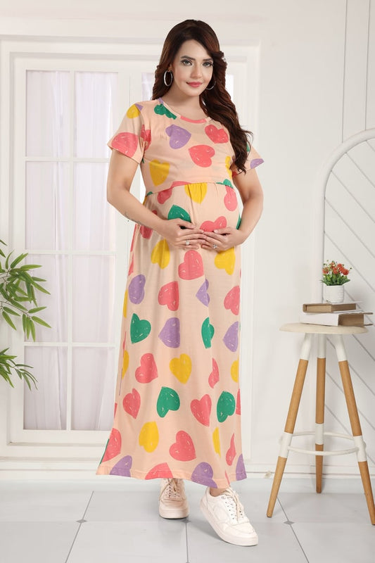 MomsBae Dreamy Heart Printed Feeding Nightie, front view