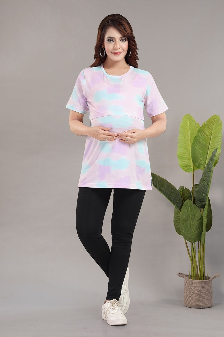 MomsBae Milkyway Tie and Dye Zipless Feeding T Shirt, alternate full-length view