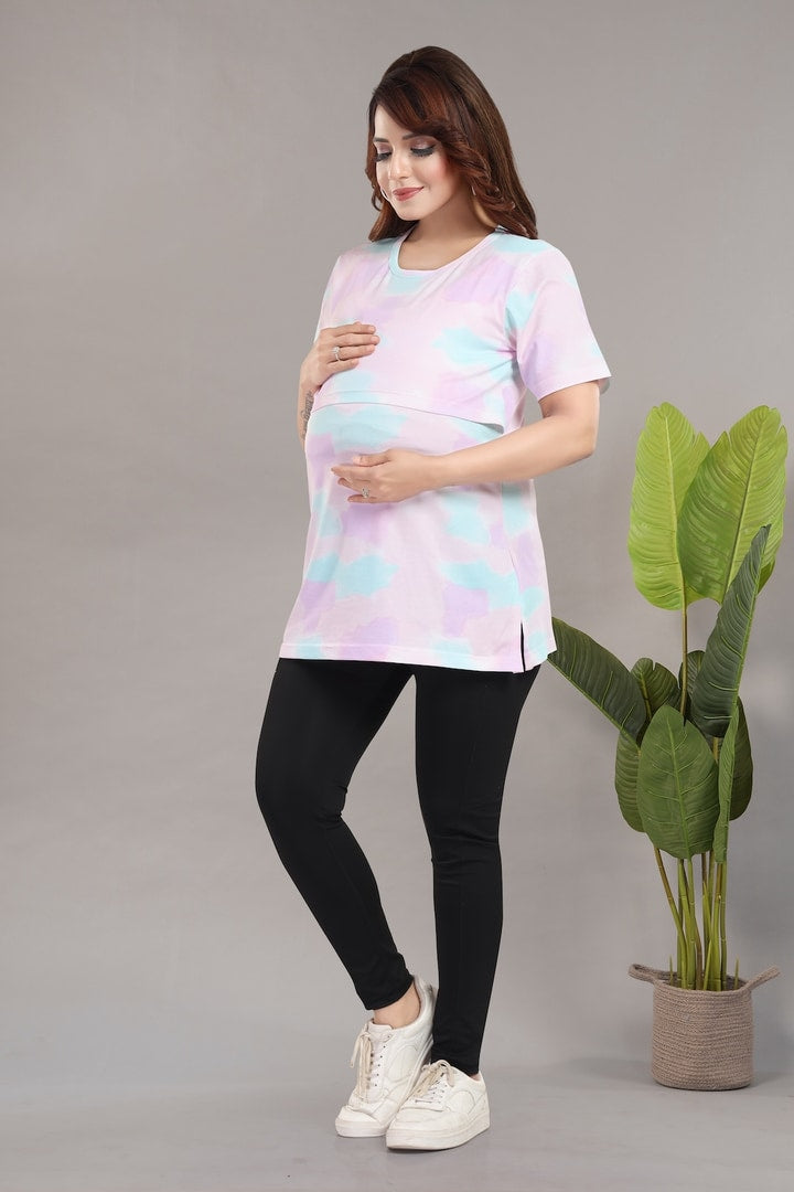MomsBae Milkyway Tie and Dye Zipless Feeding T Shirt, alternate full-length view