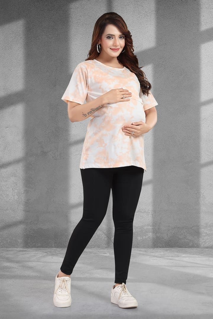 MomsBae Peach Tie and Dye Zipless Feeding T Shirt, front view
