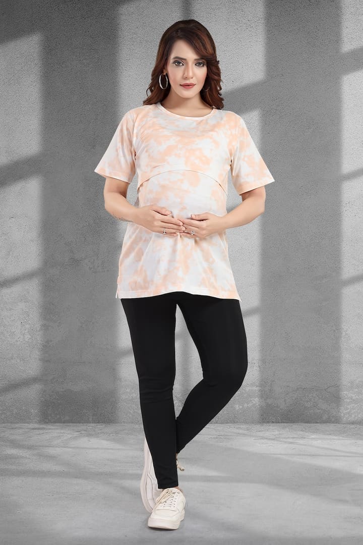 MomsBae Peach Tie and Dye Zipless Feeding T Shirt, alternate full-length view