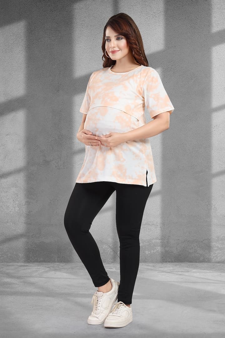 MomsBae Peach Tie and Dye Zipless Feeding T Shirt, alternate full-length view